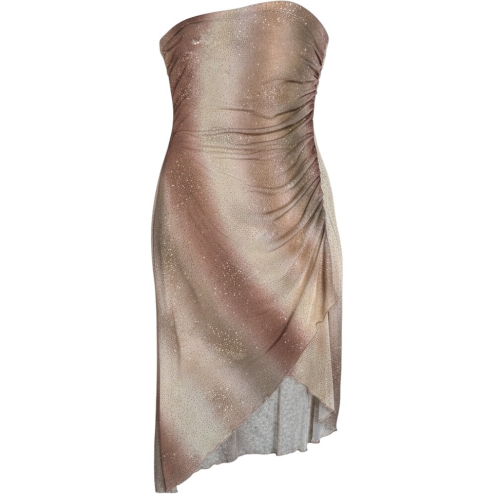 Y2K Forever 21 Strapless Ruched Dress Fairy Size M Brown Glitter Sparkly Mesh